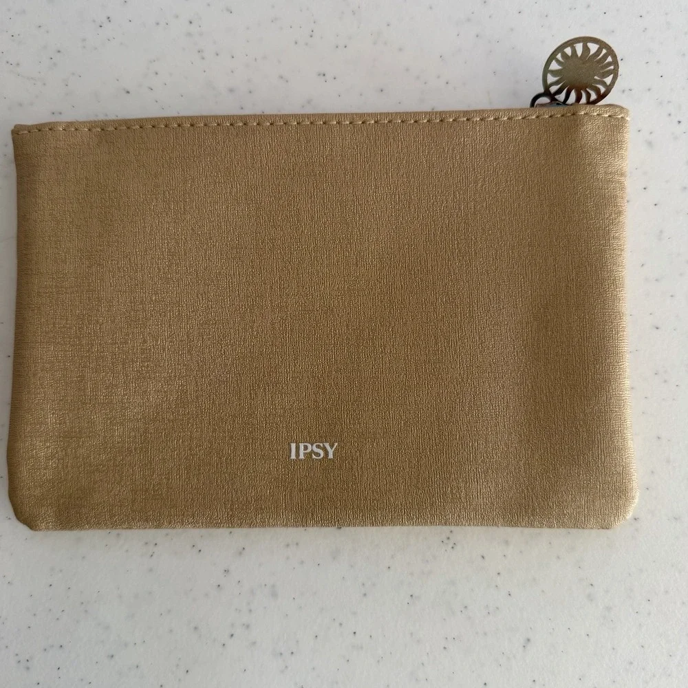 Ipsy Stay Golden Metallic Gold Makeup Bag Turquoise Lining Sun Zipper Pull Pouch